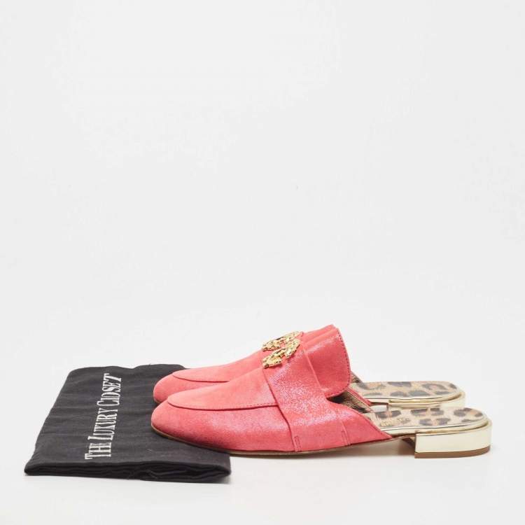 Pre Owned Roberto Cavalli Pink Nubuck Leather Logo Mules Size 38