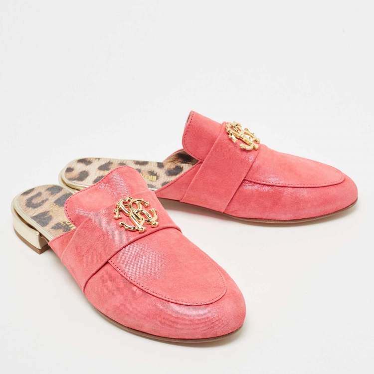 Pre Owned Roberto Cavalli Pink Nubuck Leather Logo Mules Size 38