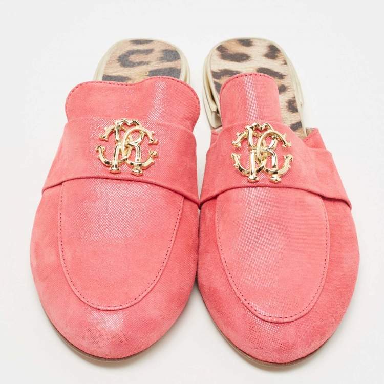 Pre Owned Roberto Cavalli Pink Nubuck Leather Logo Mules Size 38