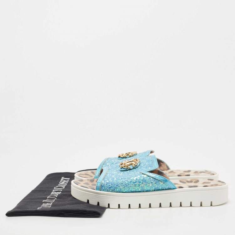 Pre Owned Roberto Cavalli Blue Glitters Logo Flat Slides Size 38