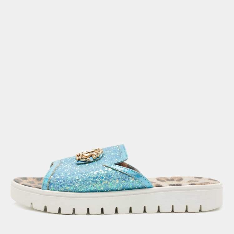 Pre Owned Roberto Cavalli Blue Glitters Logo Flat Slides Size 38