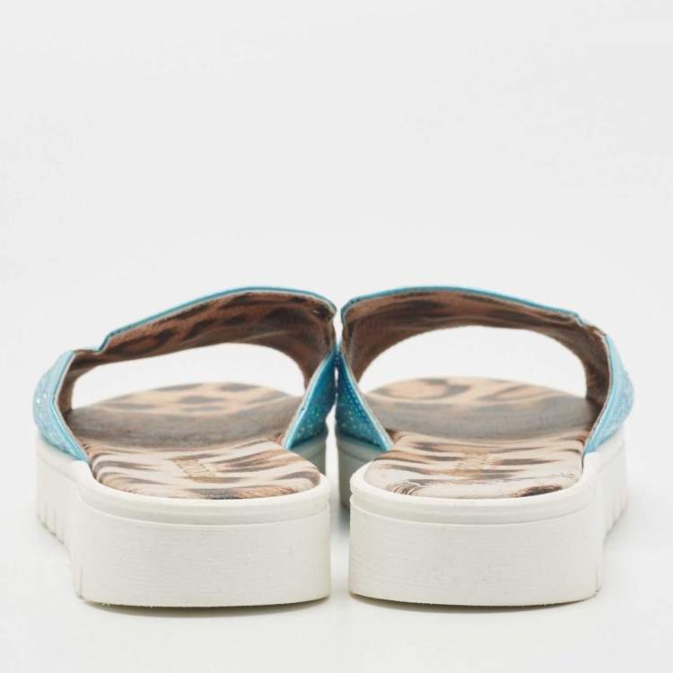 Pre Owned Roberto Cavalli Blue Glitters Logo Flat Slides Size 38