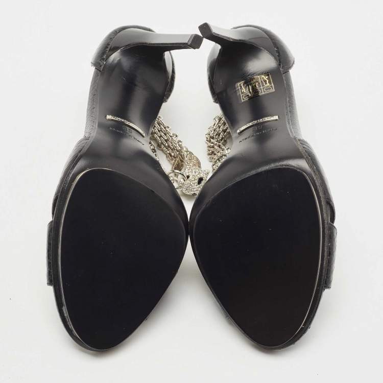 Pre Owned Roberto Cavalli Black Snakeskin Crystal Embellished Panther Sandals Size 39