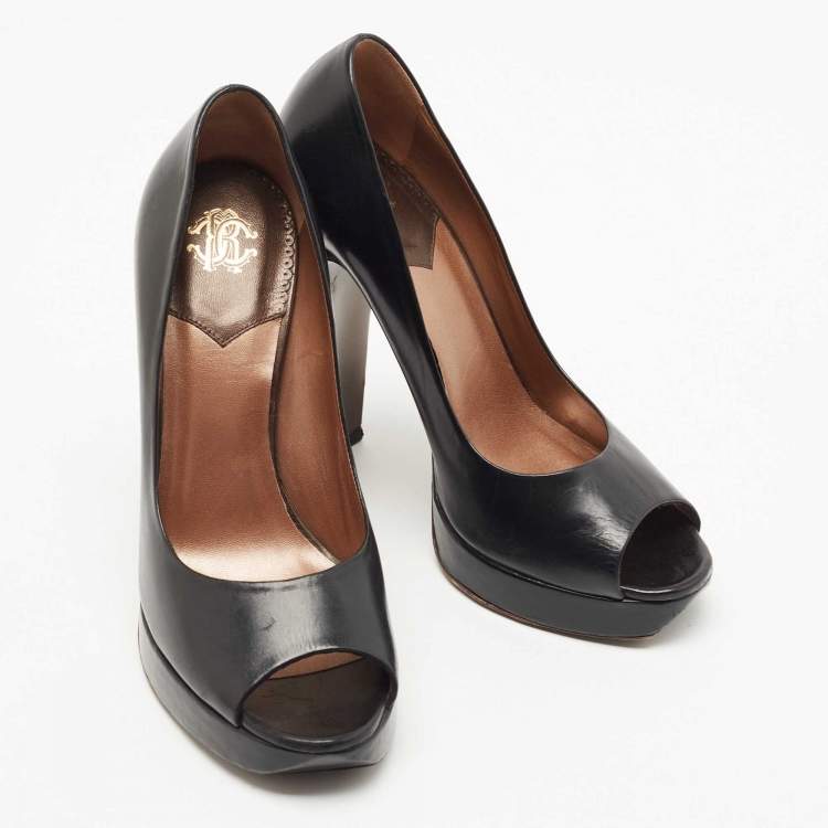 Pre Owned Roberto Cavalli Black Leather Peep Toe Platform Pumps Size 37