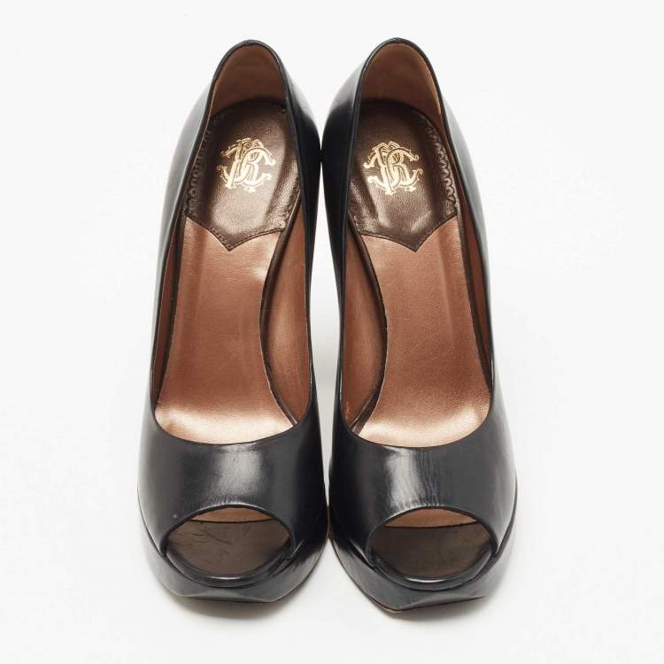 Pre Owned Roberto Cavalli Black Leather Peep Toe Platform Pumps Size 37