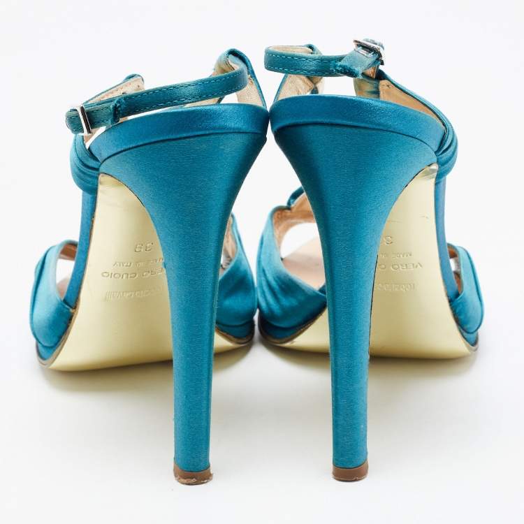 Pre Owned Roberto Cavalli Blue Satin Ankle Strap Sandals Size 39