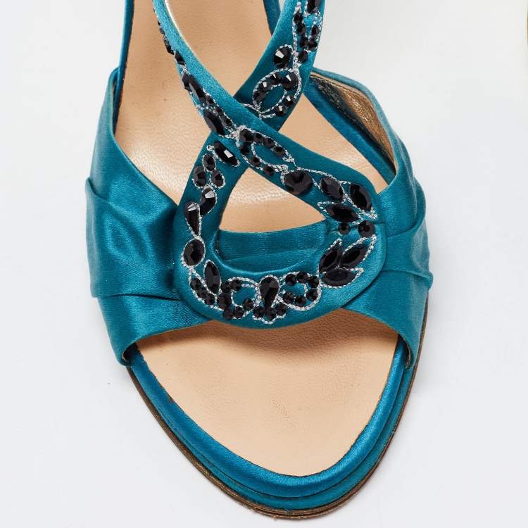 Pre Owned Roberto Cavalli Blue Satin Ankle Strap Sandals Size 39