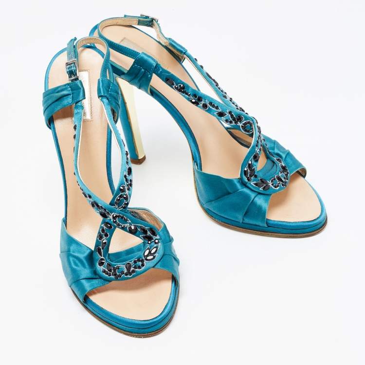 Pre Owned Roberto Cavalli Blue Satin Ankle Strap Sandals Size 39