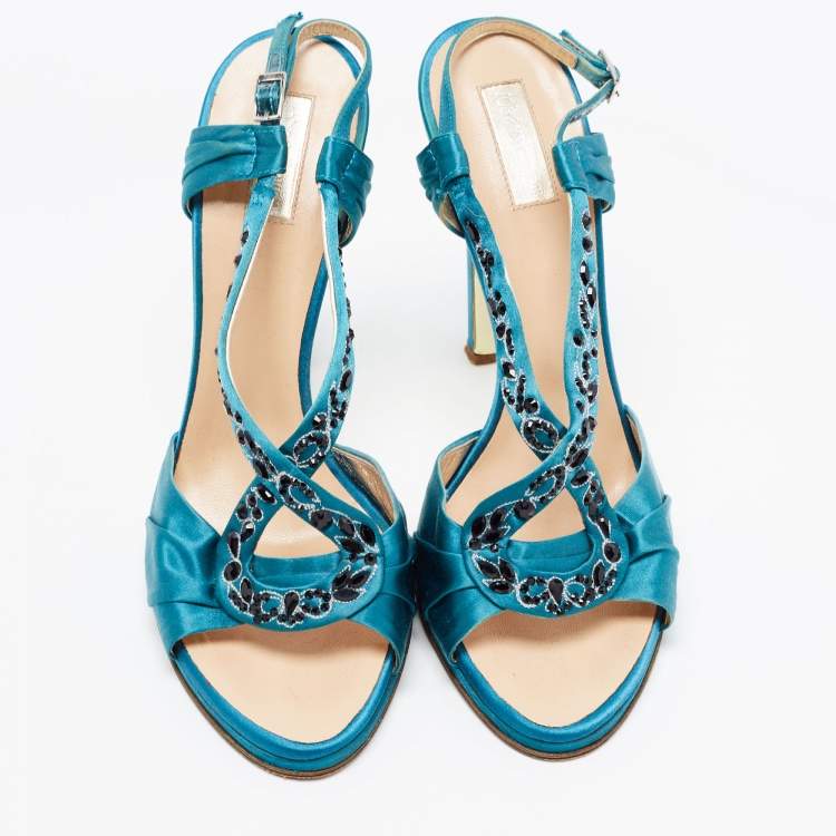 Pre Owned Roberto Cavalli Blue Satin Ankle Strap Sandals Size 39