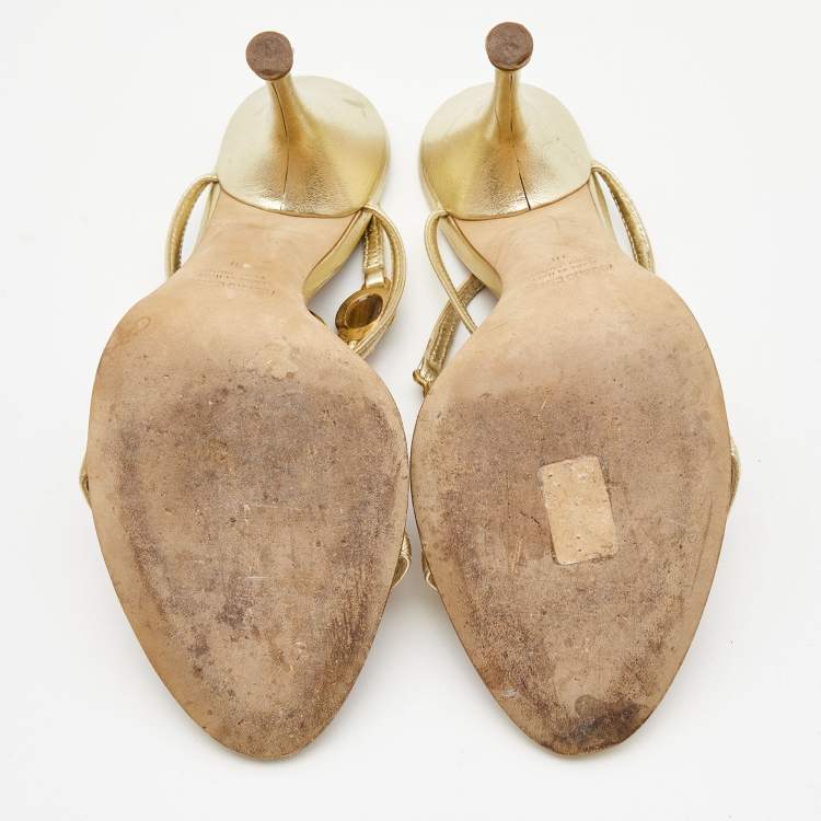 Pre Owned Roberto Cavalli Gold Leather Jeweled and Crystal Embellished T-Strap Sandals Size 38