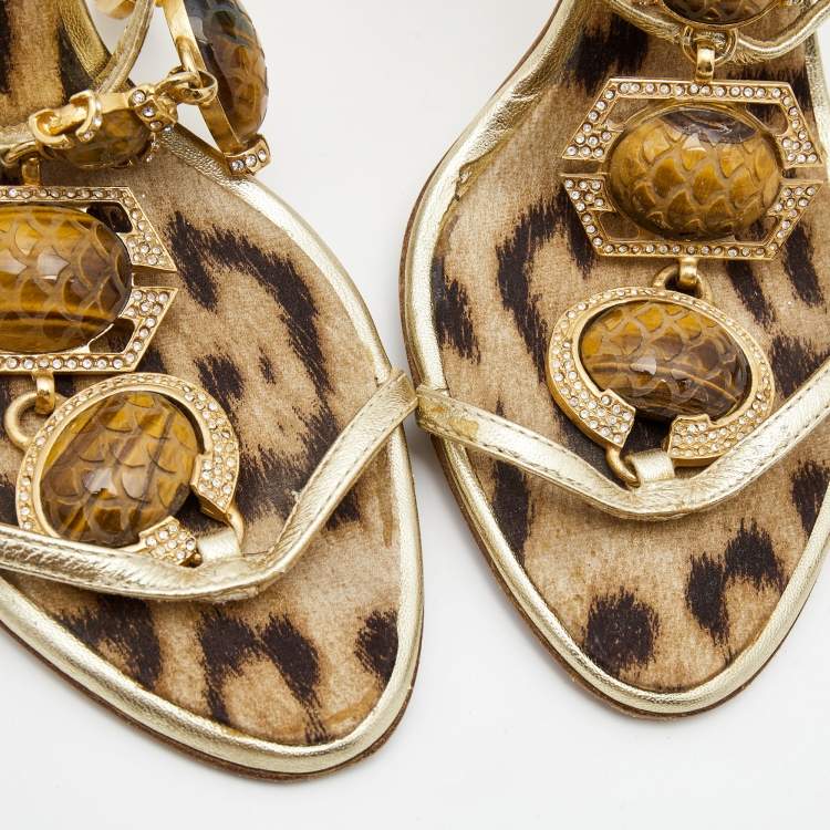 Pre Owned Roberto Cavalli Gold Leather Jeweled and Crystal Embellished T-Strap Sandals Size 38