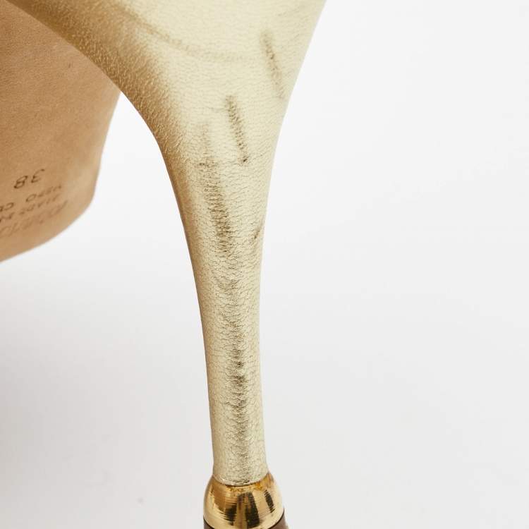 Pre Owned Roberto Cavalli Gold Leather Jeweled and Crystal Embellished T-Strap Sandals Size 38