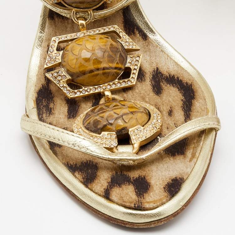Pre Owned Roberto Cavalli Gold Leather Jeweled and Crystal Embellished T-Strap Sandals Size 38