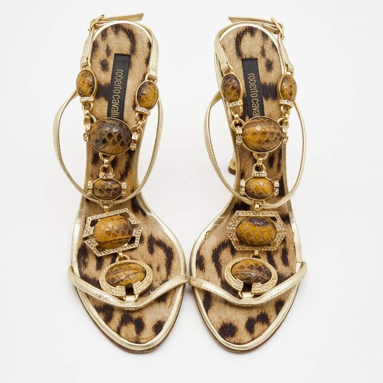 Pre Owned Roberto Cavalli Gold Leather Jeweled and Crystal Embellished T-Strap Sandals Size 38