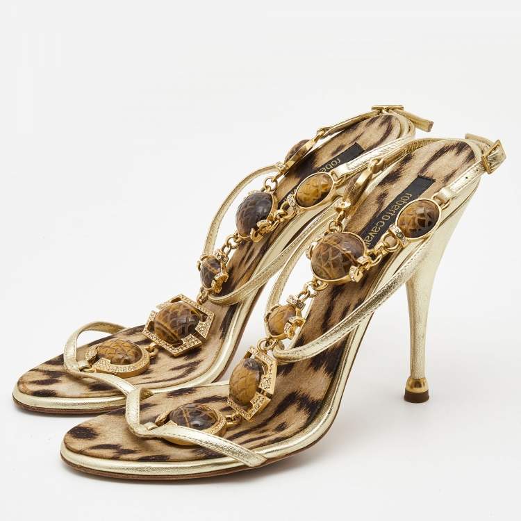 Pre Owned Roberto Cavalli Gold Leather Jeweled and Crystal Embellished T-Strap Sandals Size 38