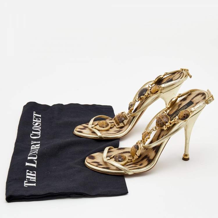 Pre Owned Roberto Cavalli Gold Leather Jeweled and Crystal Embellished T-Strap Sandals Size 38
