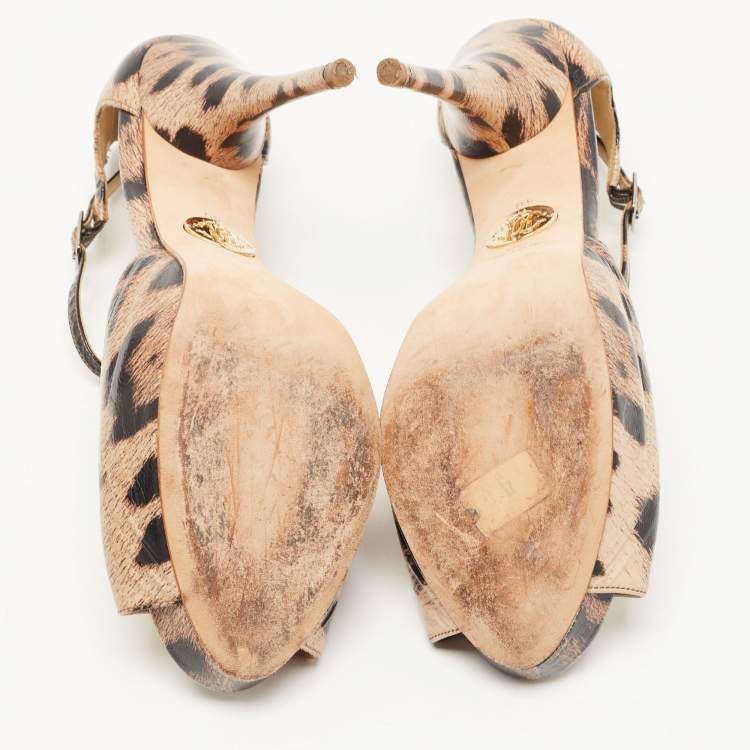 Pre Owned Roberto Cavalli Brown/Beige Leopard Print Leather Crystal Embellished T-Bar Ankle Strap Sandals Size 40