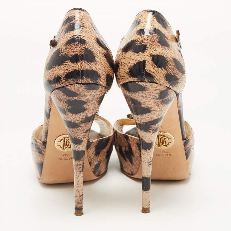 Pre Owned Roberto Cavalli Brown/Beige Leopard Print Leather Crystal Embellished T-Bar Ankle Strap Sandals Size 40