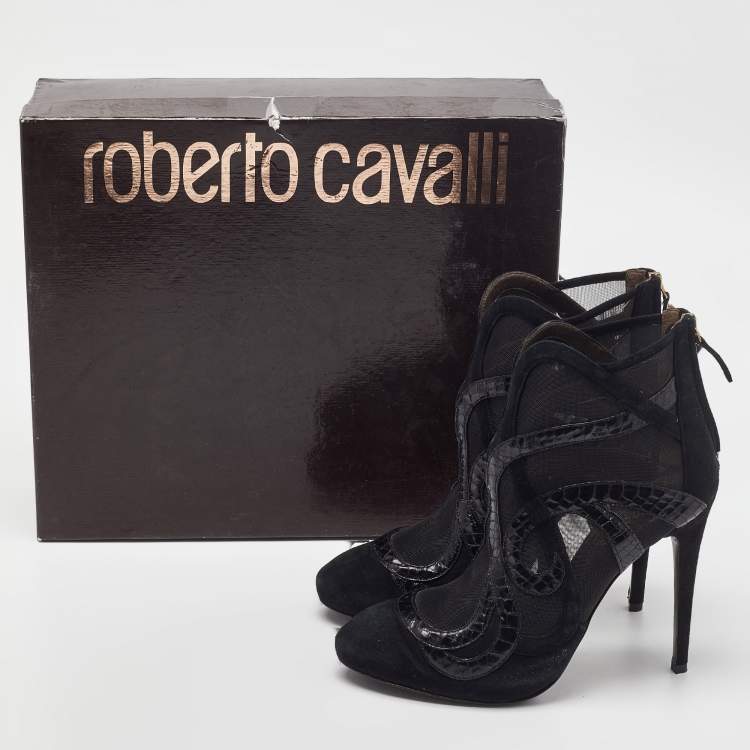 Pre Owned Roberto Cavalli Black Python, Suede and Mesh Ankle Booties Size 39