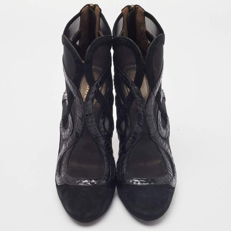 Pre Owned Roberto Cavalli Black Python, Suede and Mesh Ankle Booties Size 39