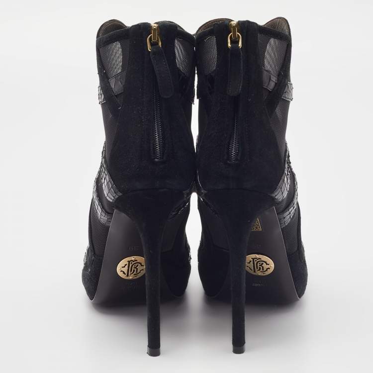 Pre Owned Roberto Cavalli Black Python, Suede and Mesh Ankle Booties Size 39