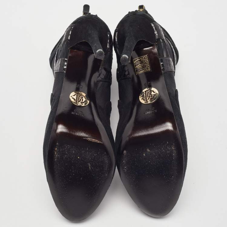 Pre Owned Roberto Cavalli Black Python, Suede and Mesh Ankle Booties Size 39