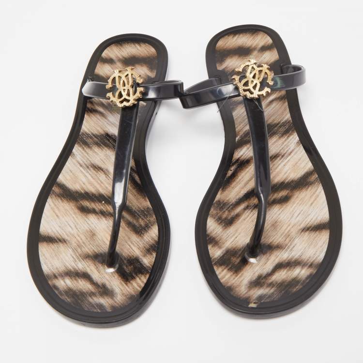 Pre Owned Roberto Cavalli Black Rubber Thong Flat Sandals Size 37