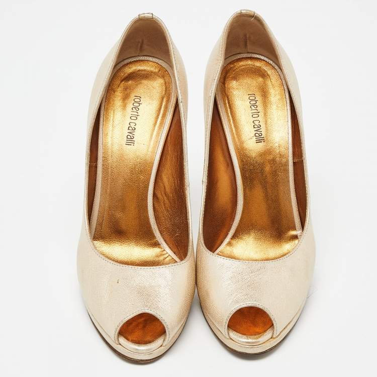 Pre Owned Roberto Cavalli Metallic Gold Leather Peep Toe Pumps Size 37