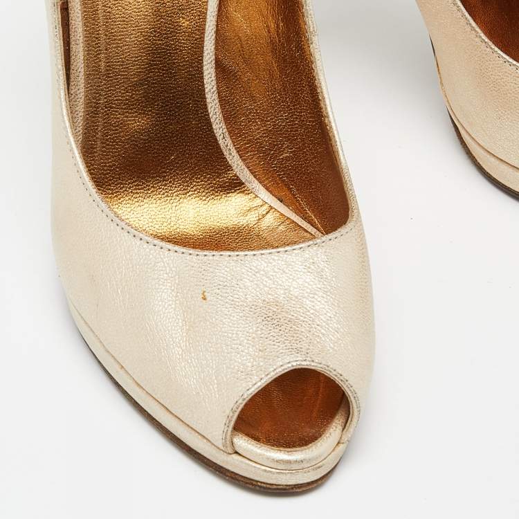 Pre Owned Roberto Cavalli Metallic Gold Leather Peep Toe Pumps Size 37