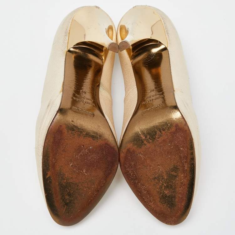 Pre Owned Roberto Cavalli Metallic Gold Leather Peep Toe Pumps Size 37