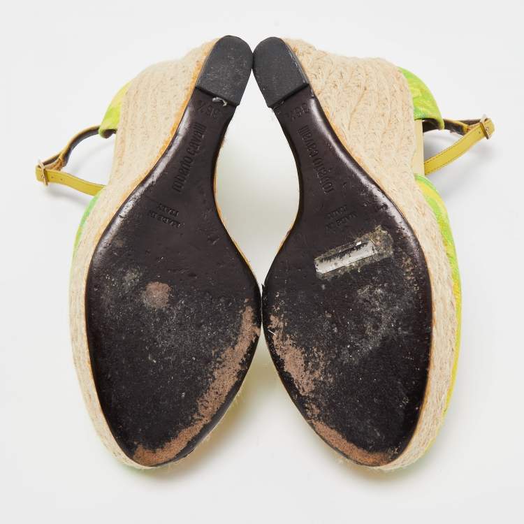 Pre Owned Roberto Cavalli Green/Yellow Printed Canvas Espadrille Wedge Ankle Strap Pumps Size 36.5