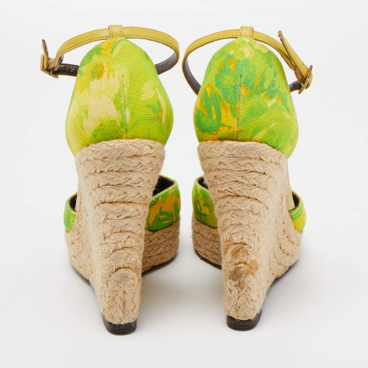 Pre Owned Roberto Cavalli Green/Yellow Printed Canvas Espadrille Wedge Ankle Strap Pumps Size 36.5