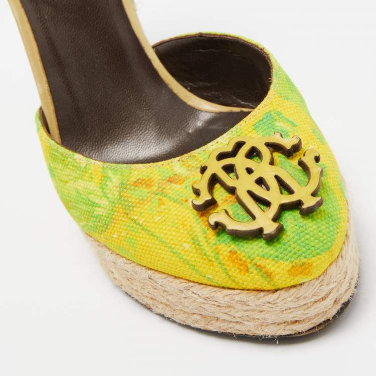 Pre Owned Roberto Cavalli Green/Yellow Printed Canvas Espadrille Wedge Ankle Strap Pumps Size 36.5