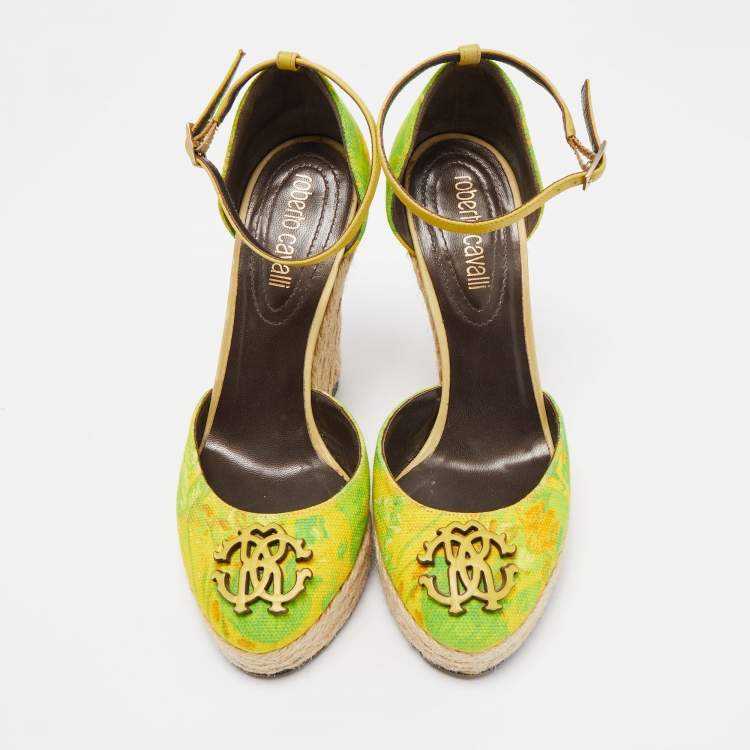 Pre Owned Roberto Cavalli Green/Yellow Printed Canvas Espadrille Wedge Ankle Strap Pumps Size 36.5