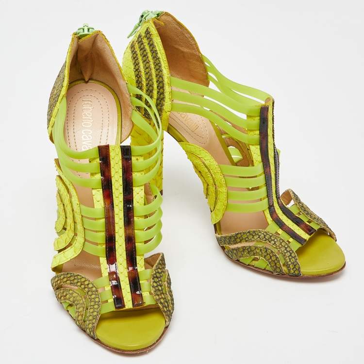 Pre Owned Roberto Cavalli Green Watersnake Leather and Jelly Cage Open Toe Sandals Size 38.5
