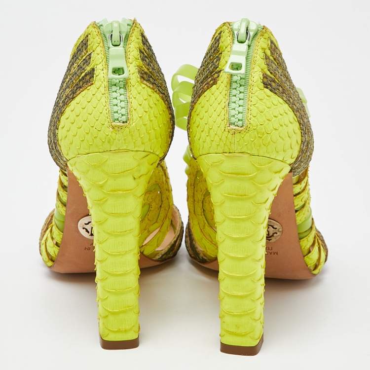 Pre Owned Roberto Cavalli Green Watersnake Leather and Jelly Cage Open Toe Sandals Size 38.5