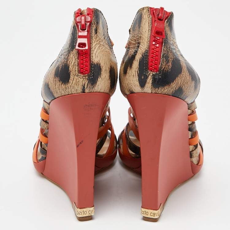 Pre Owned Roberto Cavalli Multicolor Leather Caged Wedge Sandals Size 40