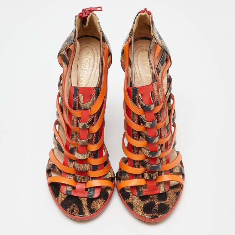 Pre Owned Roberto Cavalli Multicolor Leather Caged Wedge Sandals Size 40