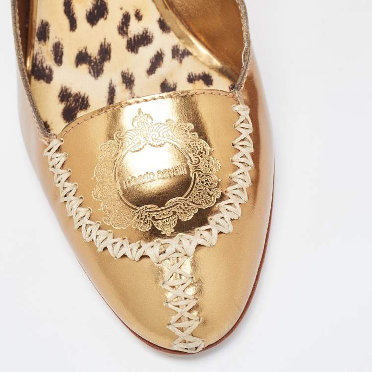 Pre Owned Roberto Cavalli Golden Foil Leather Loafers Pumps Size 38.5
