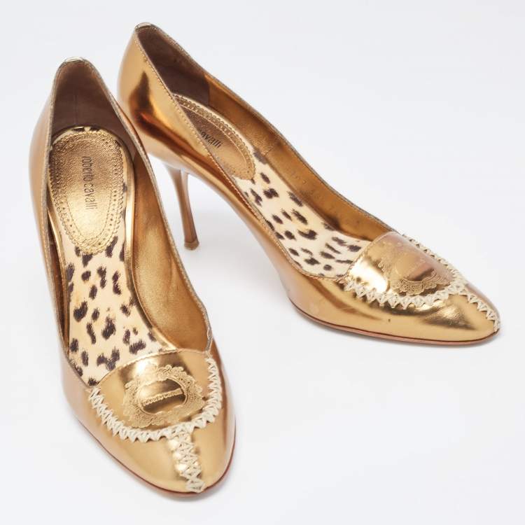 Pre Owned Roberto Cavalli Golden Foil Leather Loafers Pumps Size 38.5