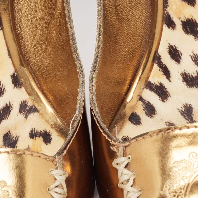 Pre Owned Roberto Cavalli Golden Foil Leather Loafers Pumps Size 38.5