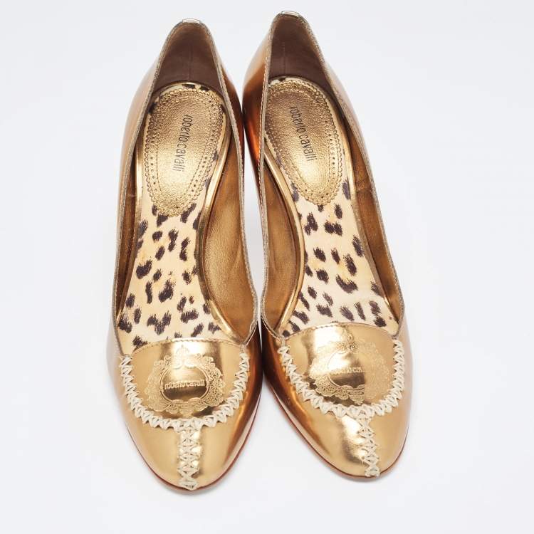 Pre Owned Roberto Cavalli Golden Foil Leather Loafers Pumps Size 38.5