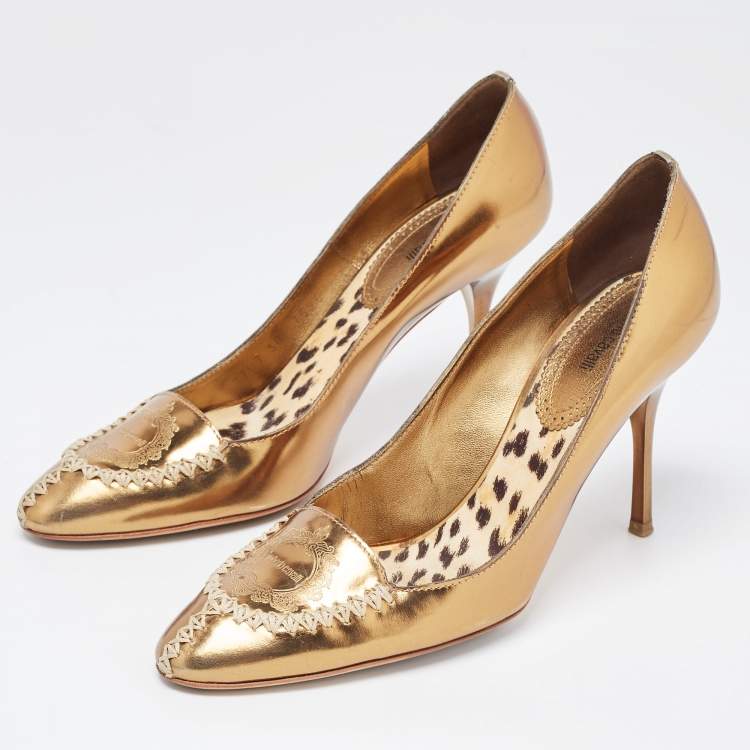 Pre Owned Roberto Cavalli Golden Foil Leather Loafers Pumps Size 38.5