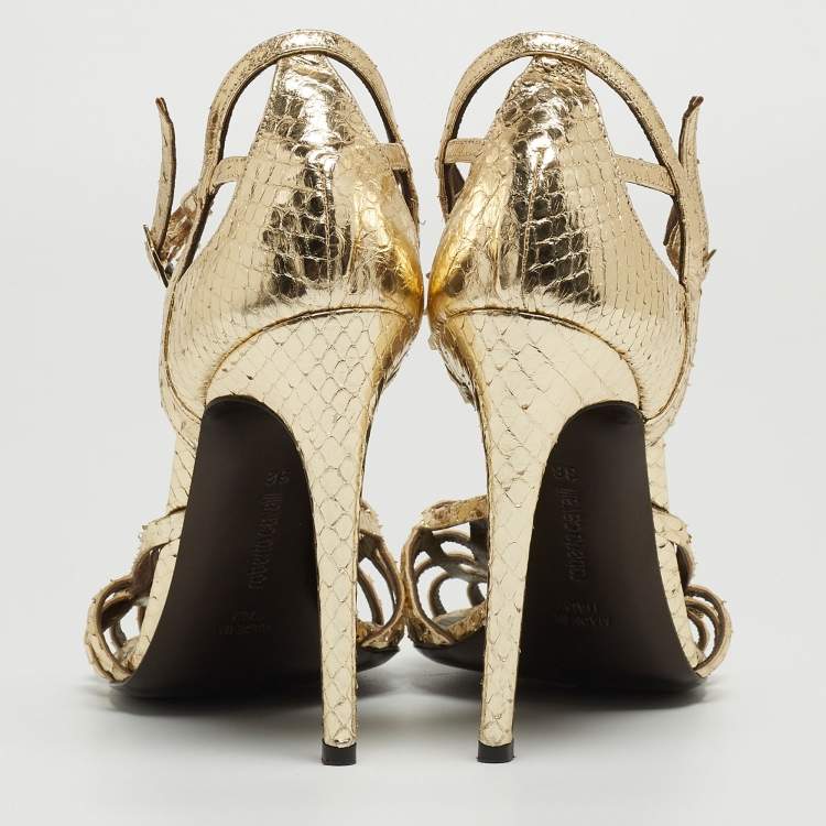Pre Owned Roberto Cavalli Gold Embossed Python Crystal Embellished Spider T-Bar Ankle Strap Sandals Size 38