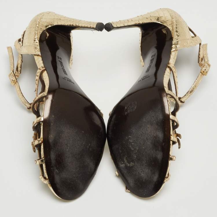 Pre Owned Roberto Cavalli Gold Embossed Python Crystal Embellished Spider T-Bar Ankle Strap Sandals Size 38