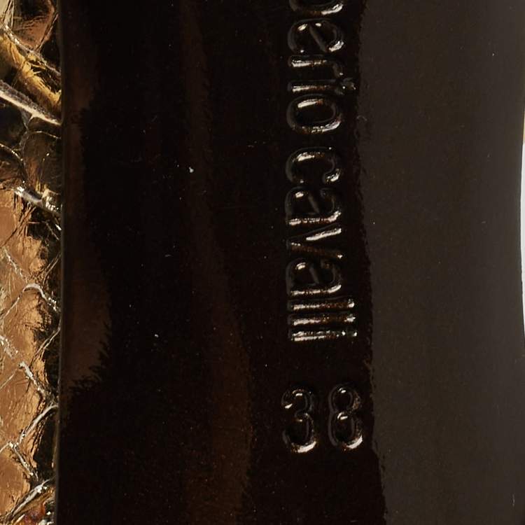 Pre Owned Roberto Cavalli Gold Embossed Python Crystal Embellished Spider T-Bar Ankle Strap Sandals Size 38