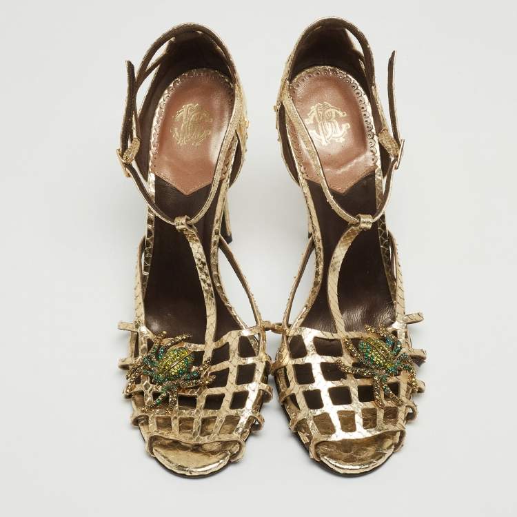 Pre Owned Roberto Cavalli Gold Embossed Python Crystal Embellished Spider T-Bar Ankle Strap Sandals Size 38