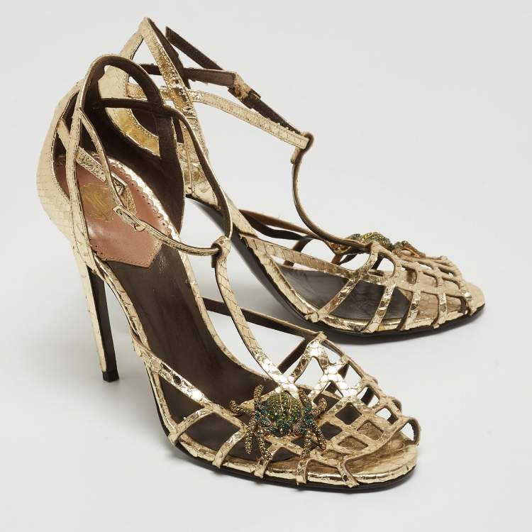 Pre Owned Roberto Cavalli Gold Embossed Python Crystal Embellished Spider T-Bar Ankle Strap Sandals Size 38