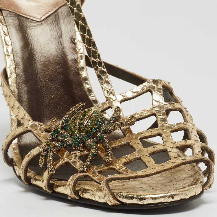 Pre Owned Roberto Cavalli Gold Embossed Python Crystal Embellished Spider T-Bar Ankle Strap Sandals Size 38