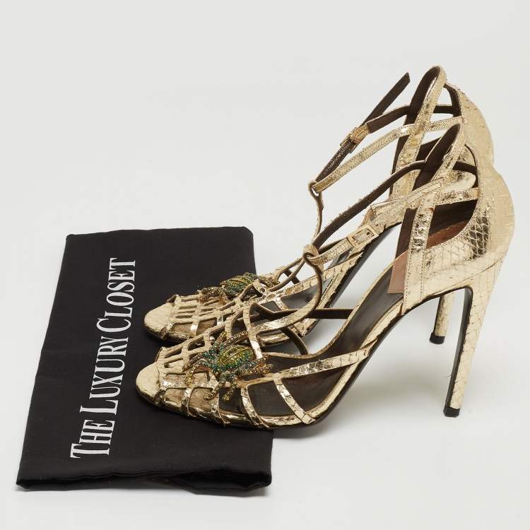 Pre Owned Roberto Cavalli Gold Embossed Python Crystal Embellished Spider T-Bar Ankle Strap Sandals Size 38